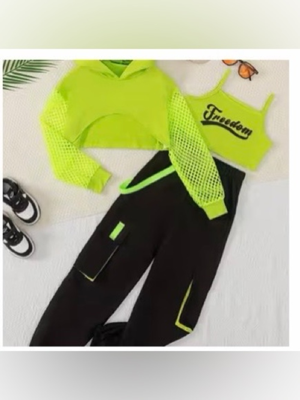Girls Neon Green Dance Outfit Set Hoodie Joggers Tank 7–8Y